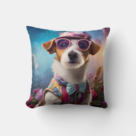 Jack Russell, rosa Brille und rosa Hut Kissen (Vorderseite)