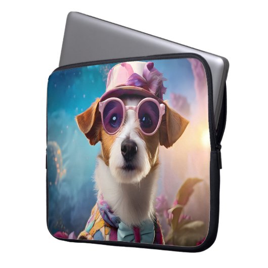 Jack Russell, rosa Brille und rosa Hut Laptopschutzhülle (Vorderseite Links)
