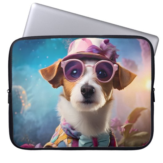 Jack Russell, rosa Brille und rosa Hut Laptopschutzhülle (Vorderseite)