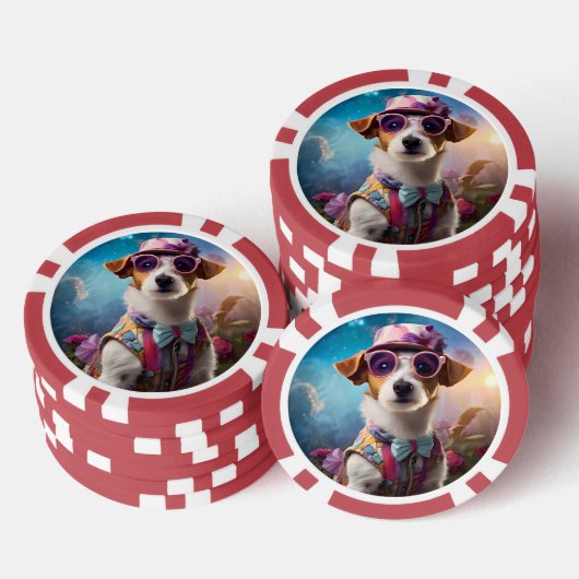Jack Russell, rosa Brille und rosa Hut Pokerchips (Stapel)