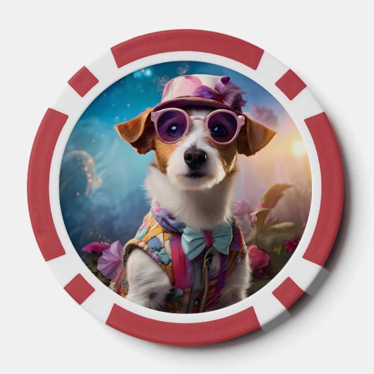 Jack Russell, rosa Brille und rosa Hut Pokerchips (Rückseite)