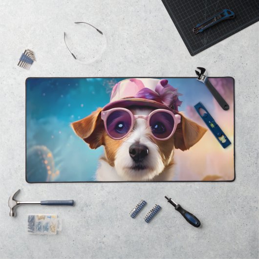 Jack Russell, rosa Brille und rosa Hut Schreibtischunterlage (Arbeitsplatz)