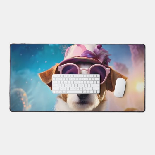 Jack Russell, rosa Brille und rosa Hut Schreibtischunterlage (Tastatur & Maus)