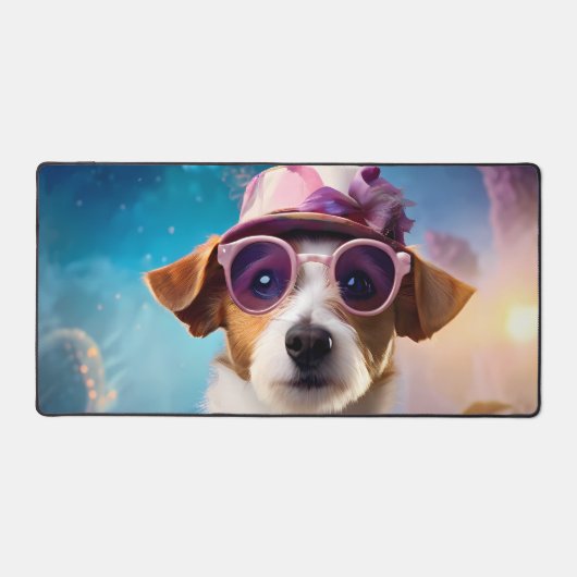 Jack Russell, rosa Brille und rosa Hut Schreibtischunterlage (Vorderseite)