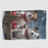 Jack Russell Snowy Sleigh Weihnachtsdekor Golfhandtuch (Horizontal)