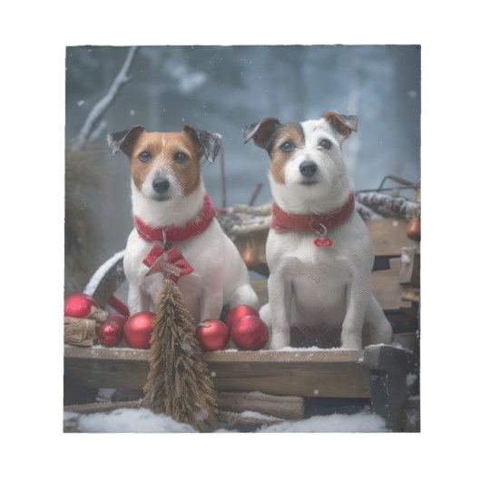 Jack Russell Snowy Sleigh Weihnachtsdekor Notizblock (Vorderseite)