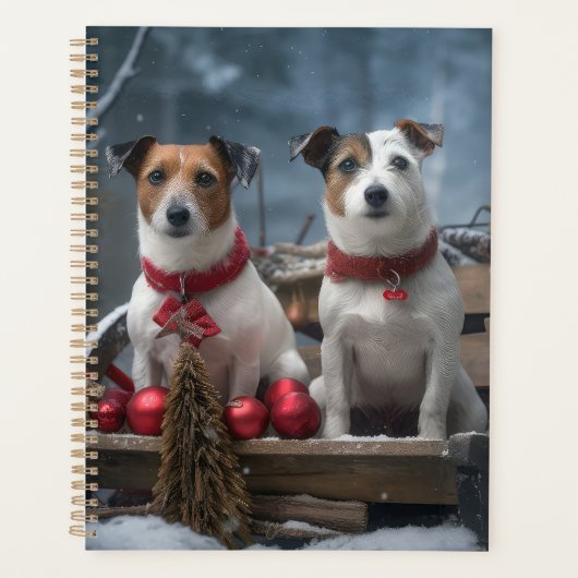 Jack Russell Snowy Sleigh Weihnachtsdekor Planer (Vorderseite)