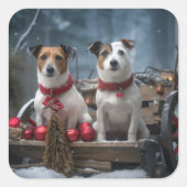 Jack Russell Snowy Sleigh Weihnachtsdekor Quadratischer Aufkleber (Vorderseite)