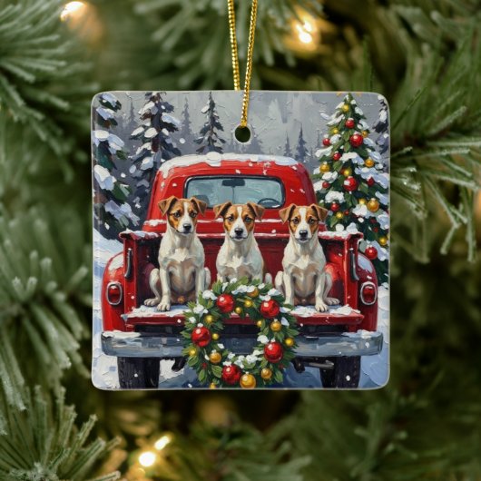 Jack Russell Terrier Christmas Red Truck Holiday Keramikornament (Baum)