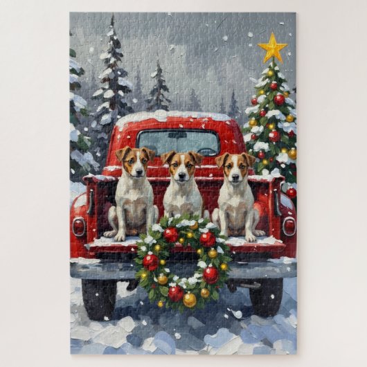 Jack Russell Terrier Christmas Red Truck Holiday Puzzle (Vertikal)