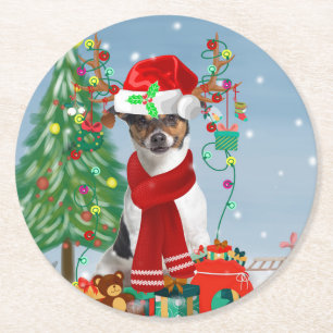Jack Russell Terrier Dog in Schnee Weihnachtsgesch Runder Pappuntersetzer
