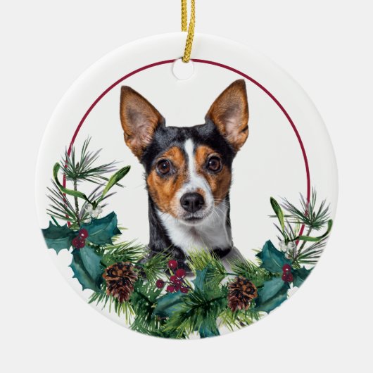 Jack Russell Terrier Evergreen Berry Wreath Keramik Ornament (Vorne)