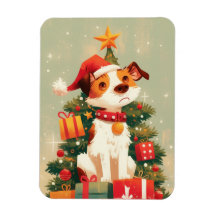 Jack Russell Terrier mit Weihnachtsbaum und Gesche