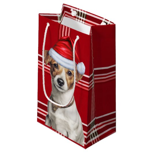 Jack Russell Terrier Red Holiday Kariert Weihnacht Kleine Geschenktüte (Vorderseite Schrägansicht)