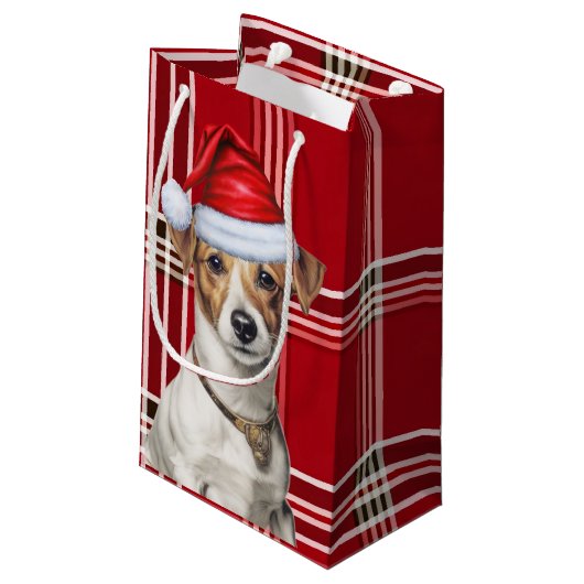 Jack Russell Terrier Red Holiday Kariert Weihnacht Kleine Geschenktüte (Rückseite Schrägansicht)