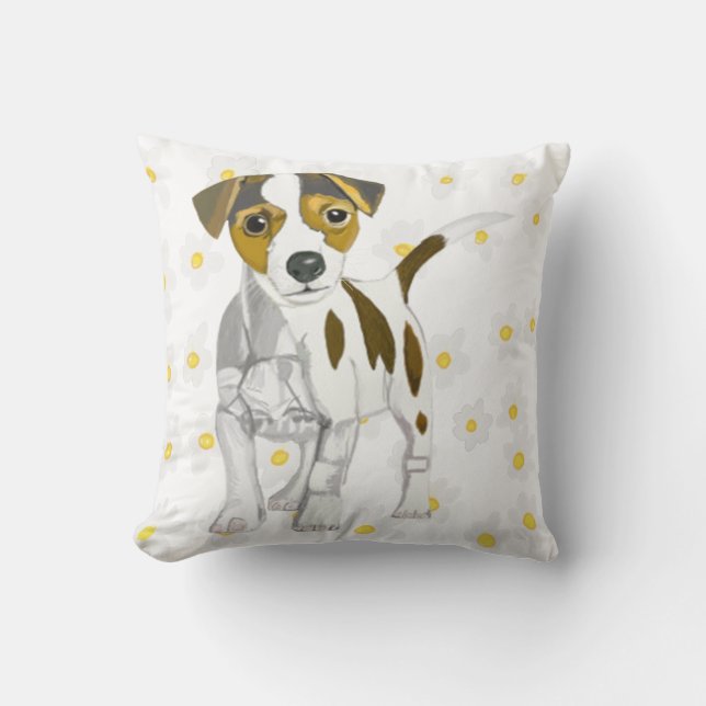 Jack Russell Terrier vor einem Daisy-Hintergrund. Kissen (Vorderseite)