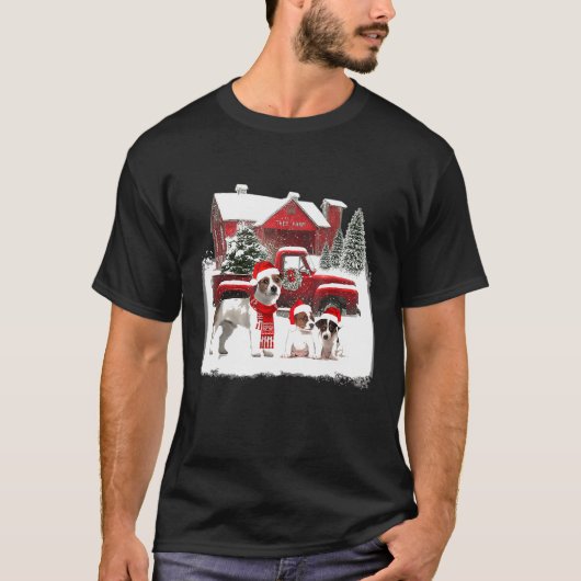 Jack Russell Weihnachtsmannmütze Red Truck Tree Fa T-Shirt (Vorderseite)