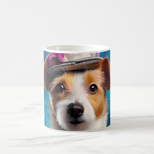 Jack Russell, weißer Hut, rosa Blume Kaffeetasse (Mittel)
