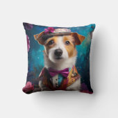 Jack Russell, weißer Hut, rosa Blume Kissen (Vorderseite)