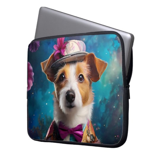 Jack Russell, weißer Hut, rosa Blume Laptopschutzhülle (Vorderseite Links)