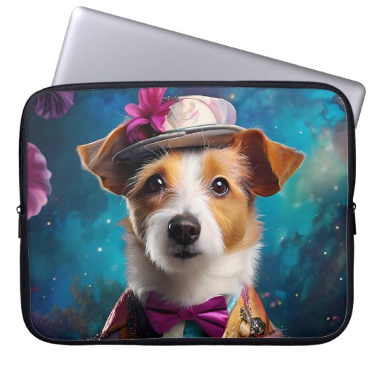 Jack Russell, weißer Hut, rosa Blume Laptopschutzhülle (Vorderseite)