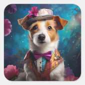 Jack Russell, weißer Hut, rosa Blume Quadratischer Aufkleber (Vorderseite)