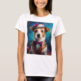 Jack Russell, weißer Hut, rosa Blume T-Shirt