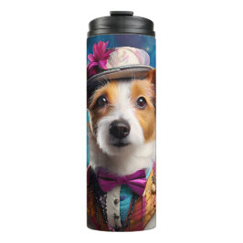 Jack Russell, weißer Hut, rosa Blume Thermosbecher