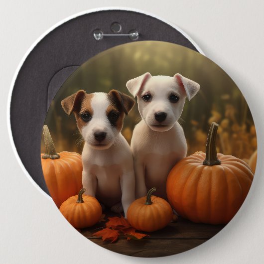 Jack Russell Welpe Autumn Delight Pumpkin Button (Vorne & Hinten)