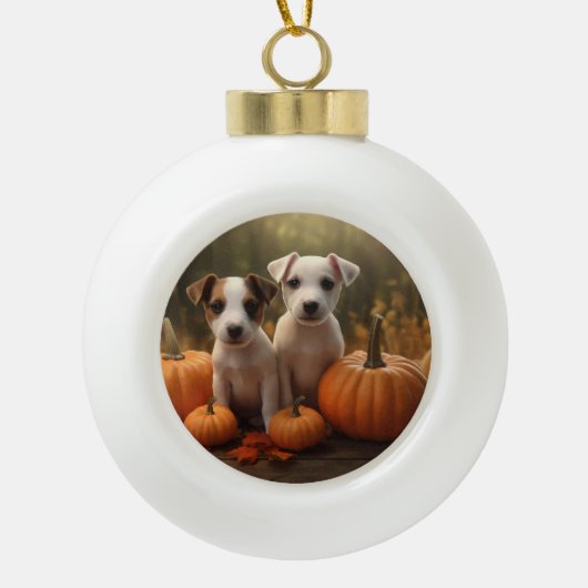 Jack Russell Welpe Autumn Delight Pumpkin Keramik Kugel-Ornament (Vorderseite)
