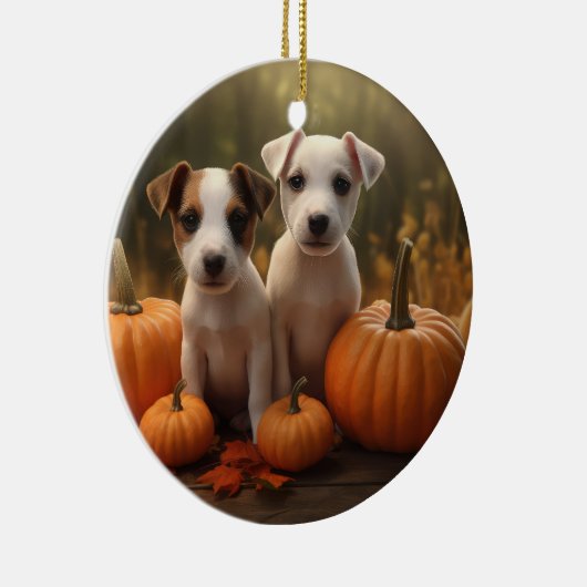 Jack Russell Welpe Autumn Delight Pumpkin Keramik Ornament (Rechts)