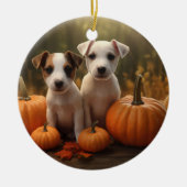 Jack Russell Welpe Autumn Delight Pumpkin Keramik Ornament (Vorne)