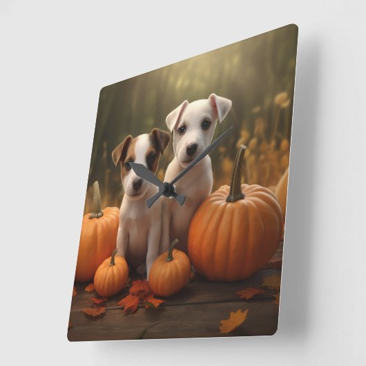 Jack Russell Welpe Autumn Delight Pumpkin Quadratische Wanduhr (Winkel)