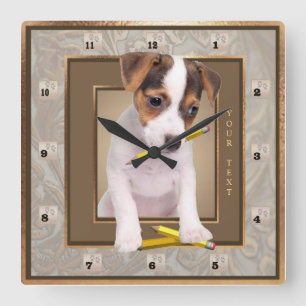 Jack-Russell-Welpen-verzierte Goldwand-Uhr Quadratische Wanduhr