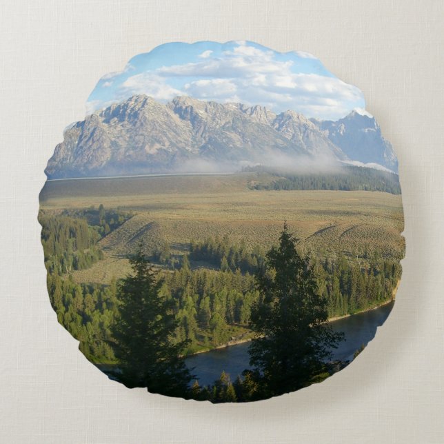 Jackson Hole Mountains und Fluss Rundes Kissen (Vorderseite)