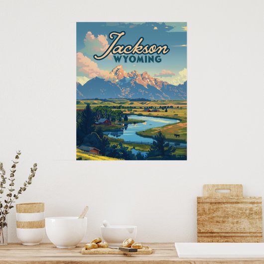 Jackson Hole Wyoming Ranch Tetons Mountains Retro Poster (Küche)