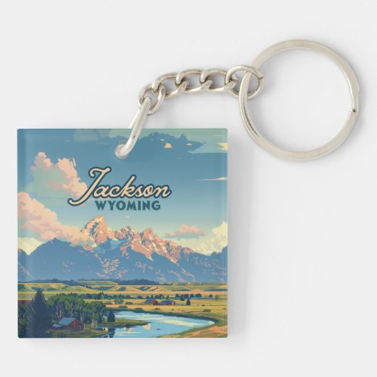 Jackson Hole Wyoming Ranch Tetons Mountains Retro Schlüsselanhänger (Rückseite)