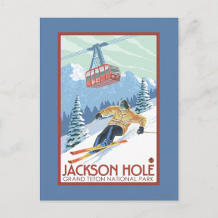 Jackson Hole, Wyoming Skier und Tram Postkarte