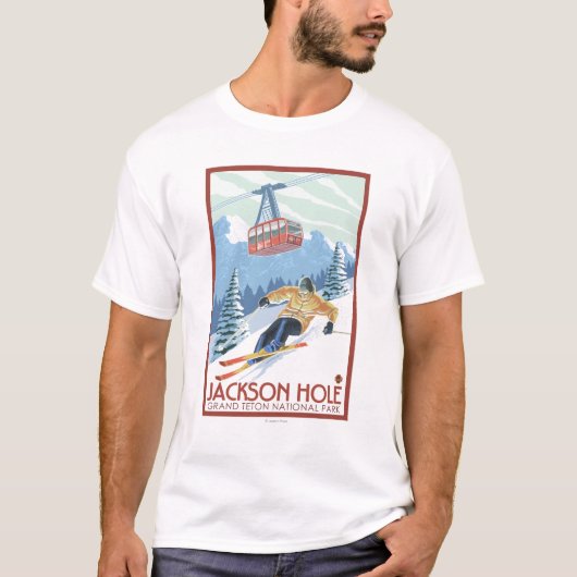 Jackson Hole, Wyoming Skier und Tram T-Shirt (Vorderseite)