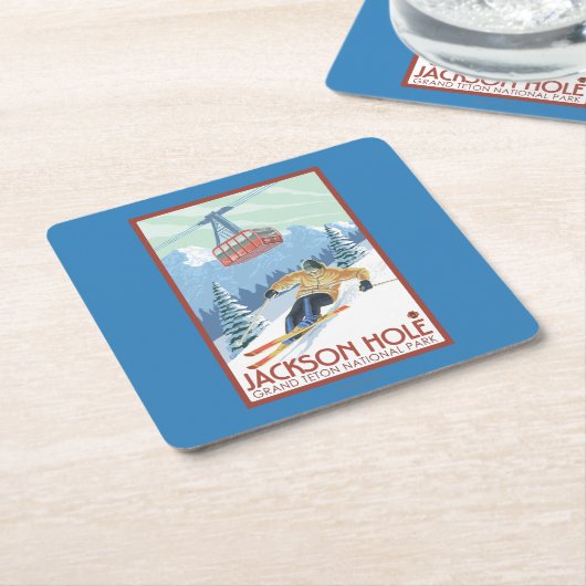 Jackson Hole, Wyoming-Skifahrer und Tram Rechteckiger Pappuntersetzer (angewinkelt)