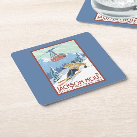 Jackson Hole, Wyoming-Skifahrer und Tram Rechteckiger Pappuntersetzer (angewinkelt)