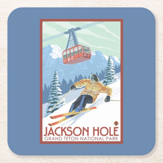 Jackson Hole, Wyoming-Skifahrer und Tram Rechteckiger Pappuntersetzer (Vorderseite)