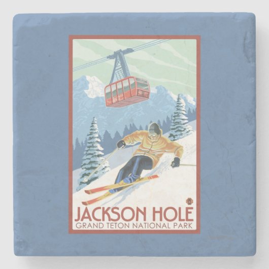 Jackson Hole, Wyoming-Skifahrer und Tram Steinuntersetzer (Vorderseite)