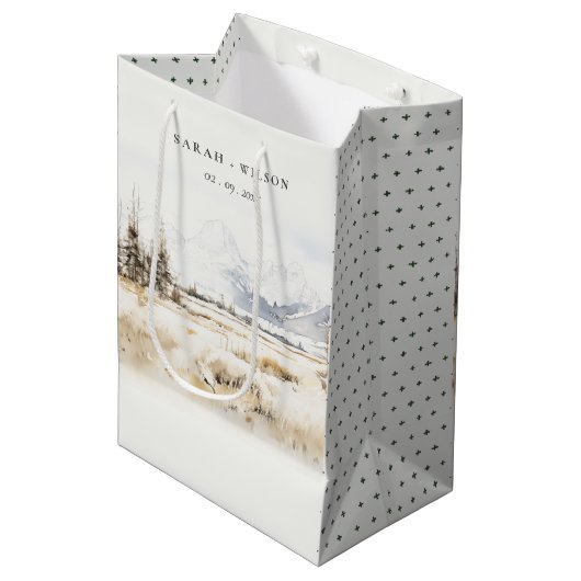 Jackson Hole Wyoming Watercolor Landscape Wedding Mittlere Geschenktüte (Vorderseite Schrägansicht)