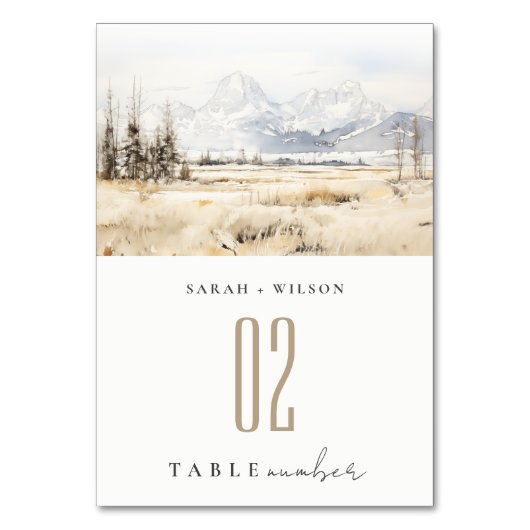 Jackson Hole Wyoming Watercolor Landscape Wedding Tischnummer (Vorderseite)