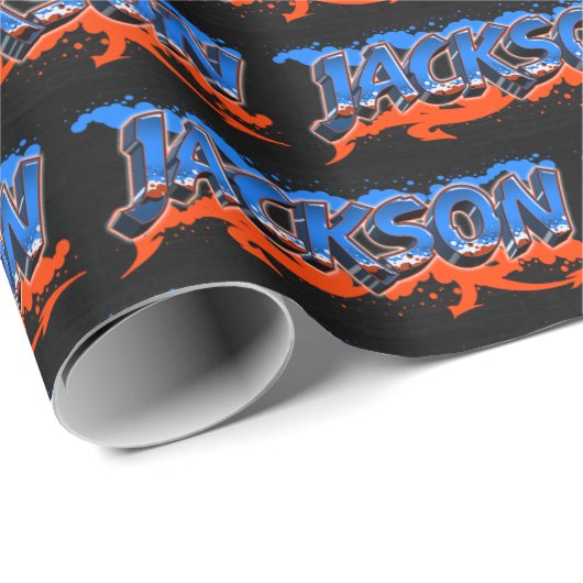 Jackson Vorname Name Graffiti blue orange Geschenkpapier (Rolleneckpunkt)