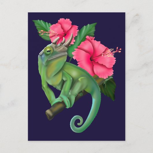 Jackson's Chameleon mit Hibiskus Postkarte (Vorderseite)