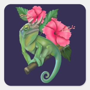 Jackson's Chameleon mit Hibiskus Quadratischer Aufkleber