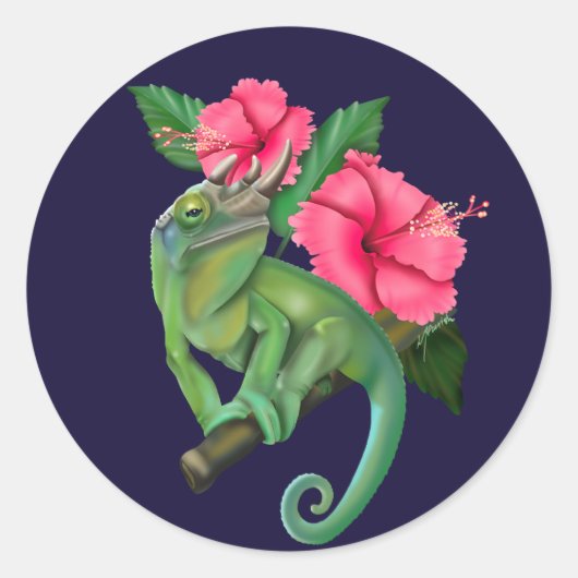 Jackson's Chameleon mit Hibiskus Runder Aufkleber (Vorderseite)