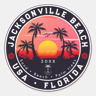 Jacksonville Beach Florida tropischer Retro-Sonnen Runder Aufkleber